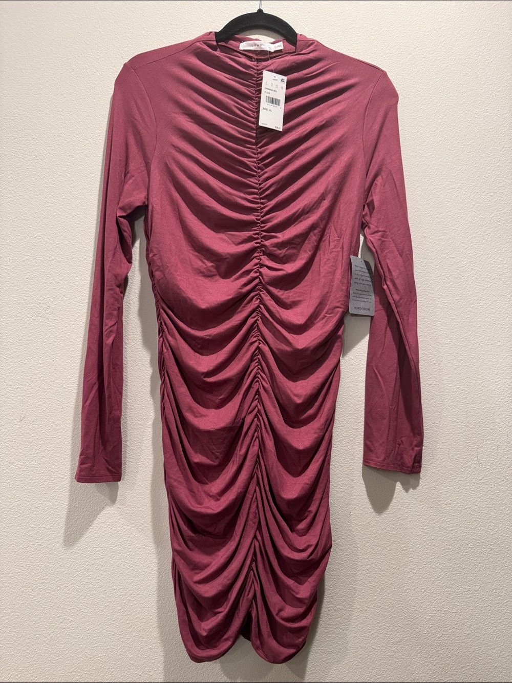 Lush Dusty Rose Long Sleeve Ruched Bodycon Dress
